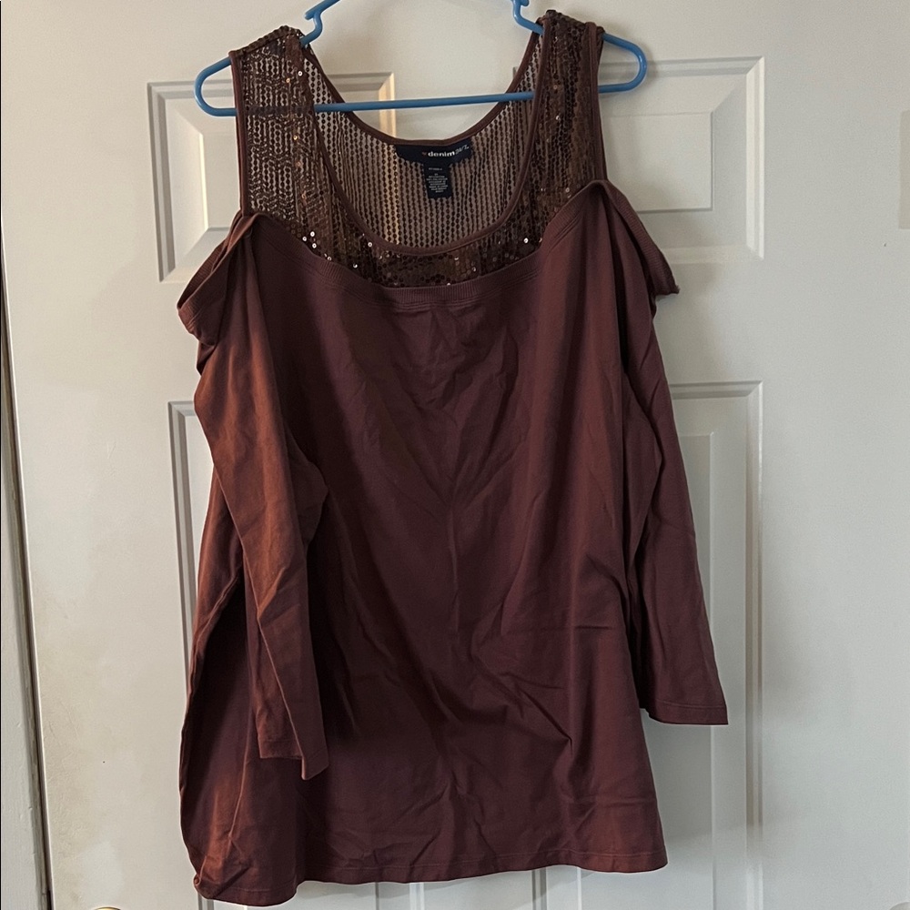 Denim 24/7 Chocolate Cold Shoulder Blouse